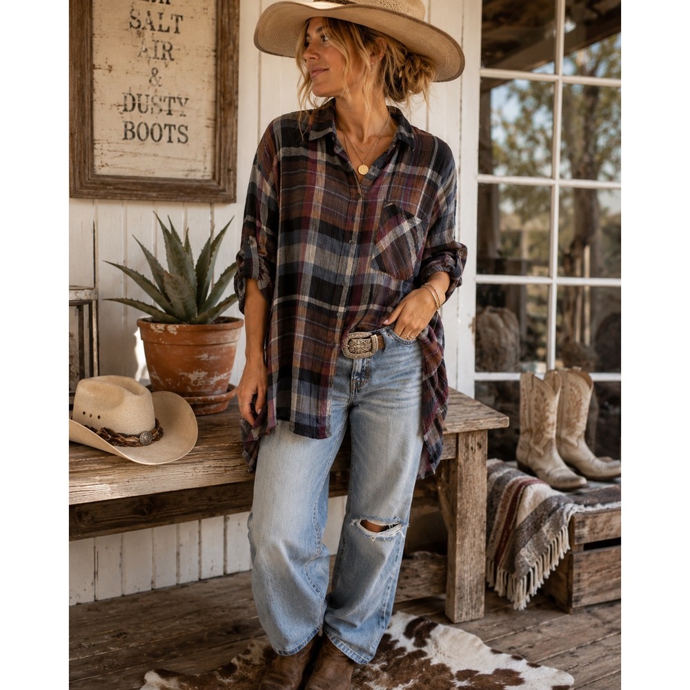 Free People Medium Plaid Gauze Button Down Tunic Shirt Oversized Boho Grunge